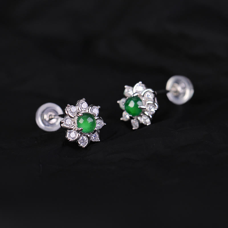 KarmaRipple's 925 Sterling Silver Round Jade Flower Prosperity Earrings p2