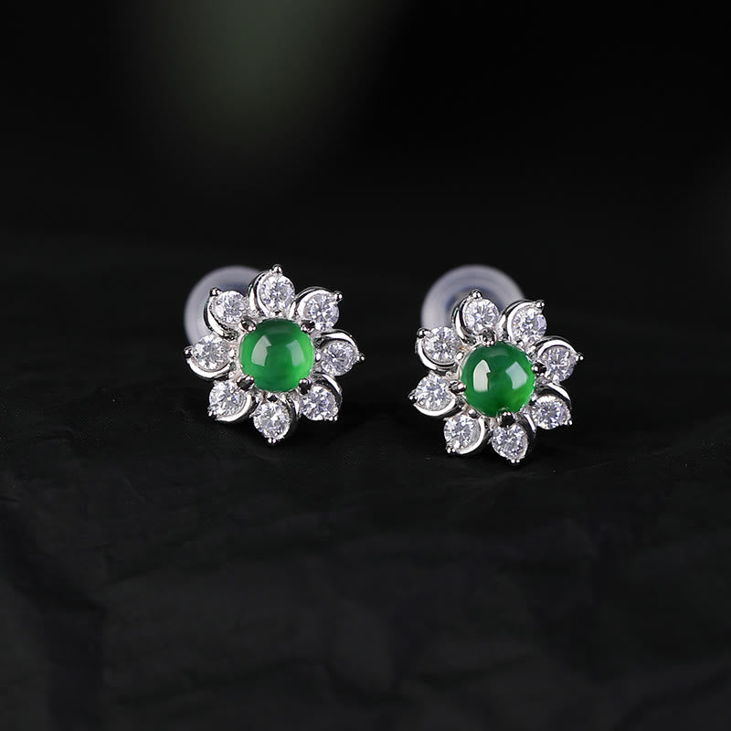 KarmaRipple's 925 Sterling Silver Round Jade Flower Prosperity Earrings p9