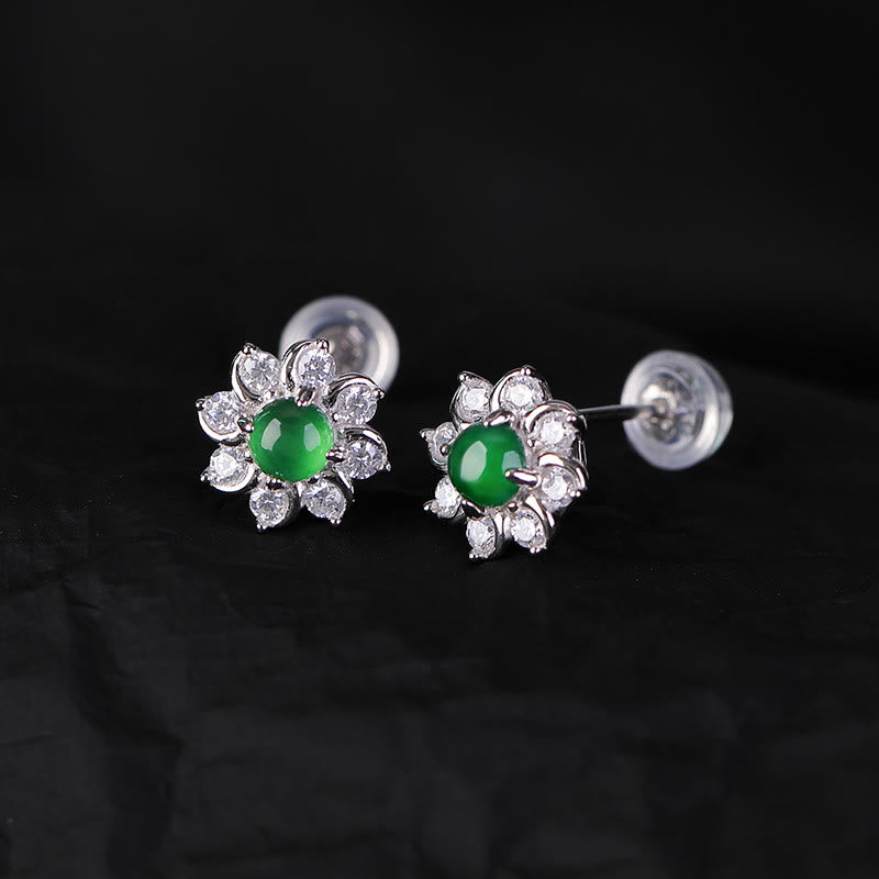 KarmaRipple's 925 Sterling Silver Round Jade Flower Prosperity Earrings p4