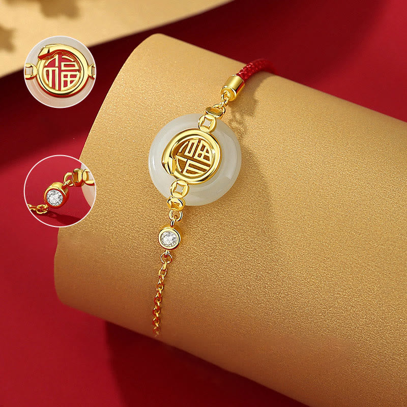 KarmaRipple's 925 Sterling Silver Hetian Jade Peace Buckle Fu Character Year Of Snake Red String Protection Woven Bracelet p2
