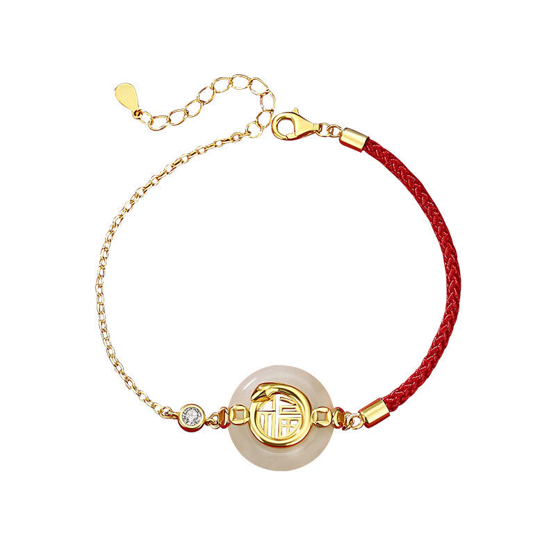 KarmaRipple's 925 Sterling Silver Hetian Jade Peace Buckle Fu Character Year Of Snake Red String Protection Woven Bracelet p4