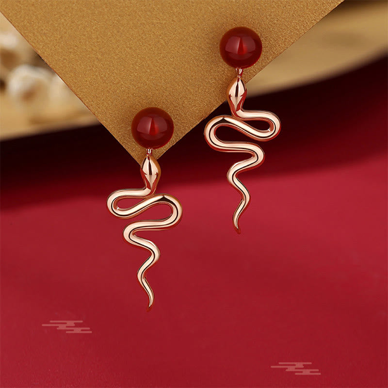 KarmaRipple's 925 Sterling Silver Red Agate Chalcedony Year Of The Snake Blessing Earrings p1