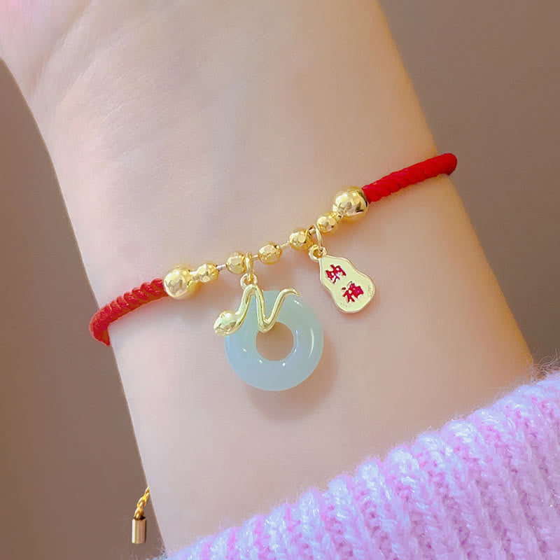 KarmaRipple's Bronze Plated Gold Jade Peace Buckle Fu Character Year Of The Snake Red String Fortune Bracelet p16