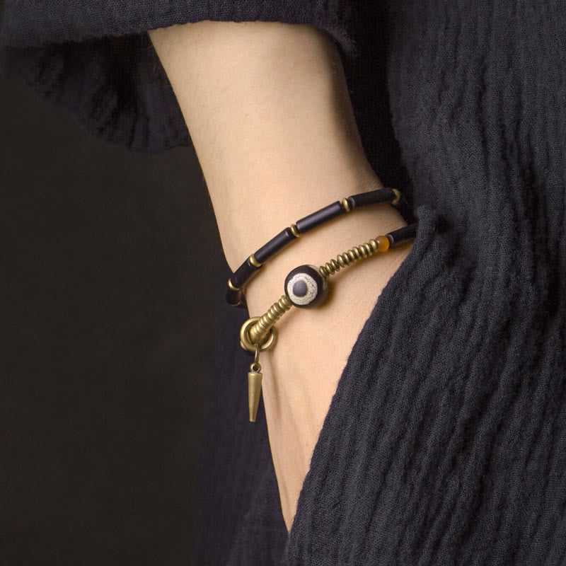 KarmaRipple's Black Onyx Bronze Dzi Bead Cone Necklace Double Wrap Protection Bracelet p4
