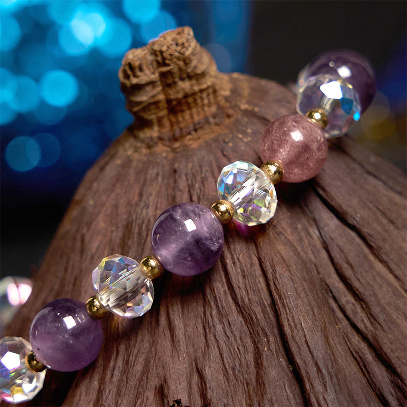 KarmaRipple's Amethyst Strawberry Quartz Ivory Gemstone Nine Tailed Fox Meditation Bracelet p4