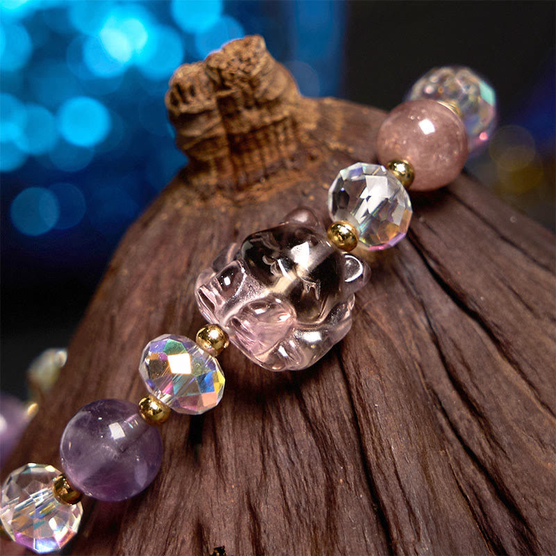 KarmaRipple's Amethyst Strawberry Quartz Ivory Gemstone Nine Tailed Fox Meditation Bracelet p3
