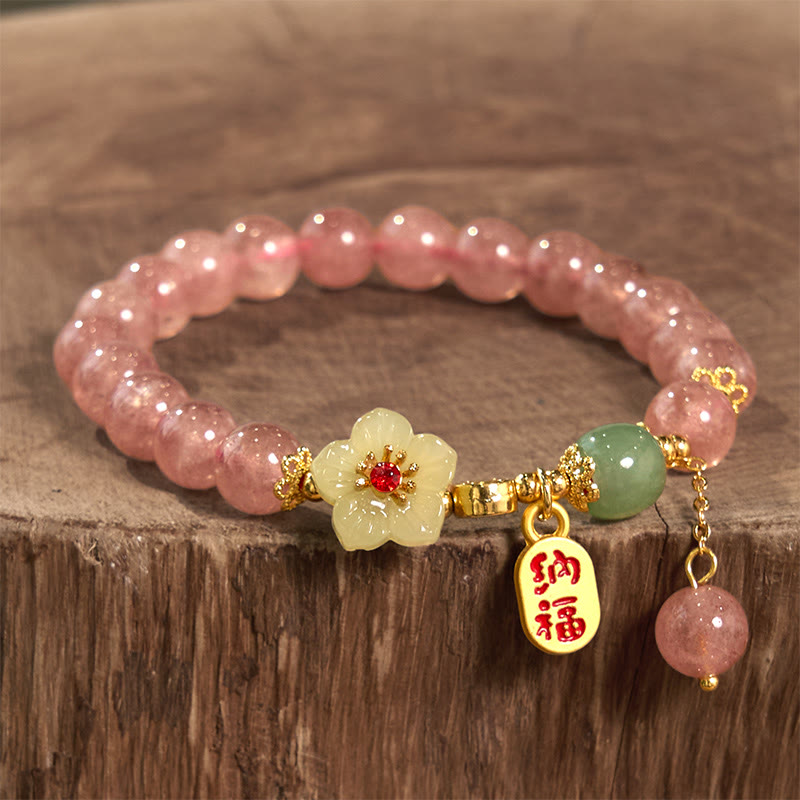 KarmaRipple's Authentic Strawberry Quartz Blossom Fu Character Positivity Balancing Bracelet p2