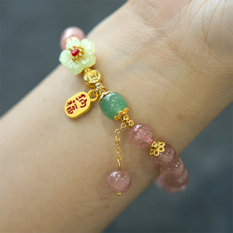 KarmaRipple's Authentic Strawberry Quartz Blossom Fu Character Positivity Balancing Bracelet p6