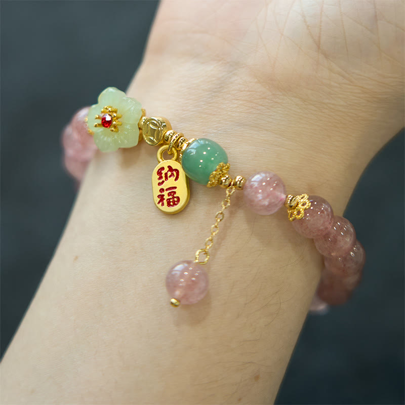 KarmaRipple's Authentic Strawberry Quartz Blossom Fu Character Positivity Balancing Bracelet p7