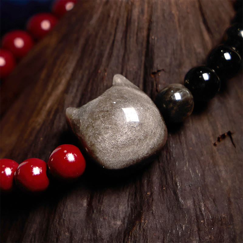 KarmaRipple's Black Obsidian Cinnabar Silver Sheen Obsidian Cat Fulfilment Bracelet p2