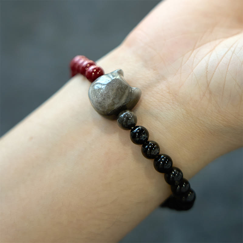 KarmaRipple's Black Obsidian Cinnabar Silver Sheen Obsidian Cat Fulfilment Bracelet p3