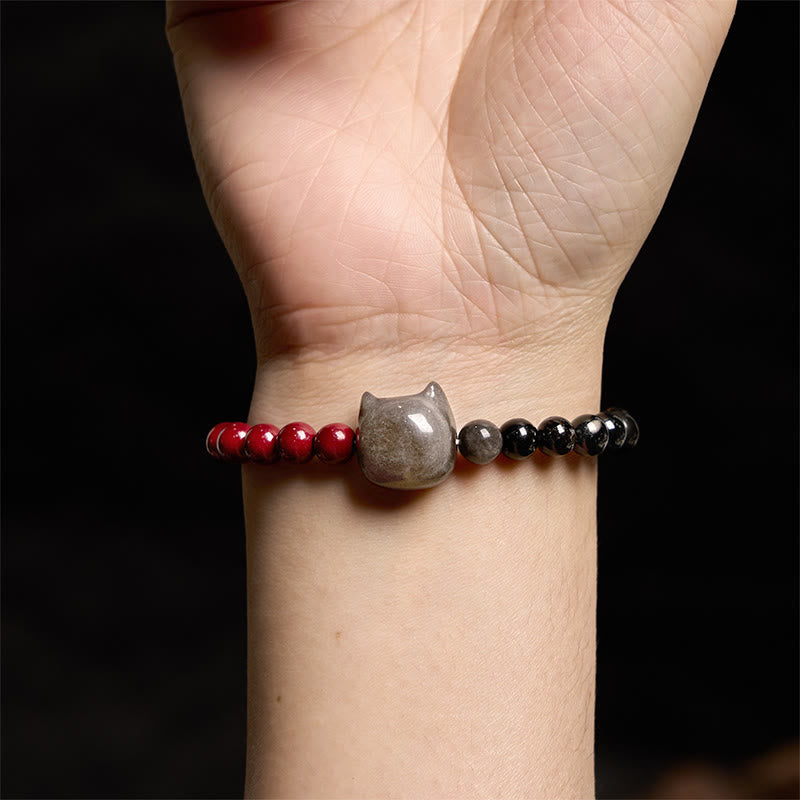 KarmaRipple's Black Obsidian Cinnabar Silver Sheen Obsidian Cat Fulfilment Bracelet p4