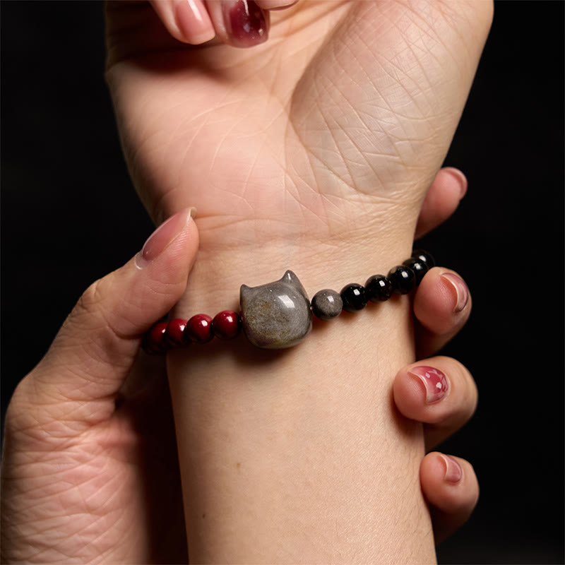 KarmaRipple's Black Obsidian Cinnabar Silver Sheen Obsidian Cat Fulfilment Bracelet p5