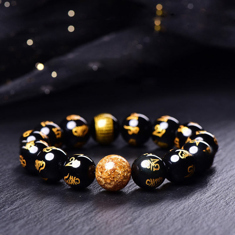 KarmaRipple's Six True Words Om Mani Padme Hum Rainbow Obsidian Gold Foil Creativity Bracelet p1