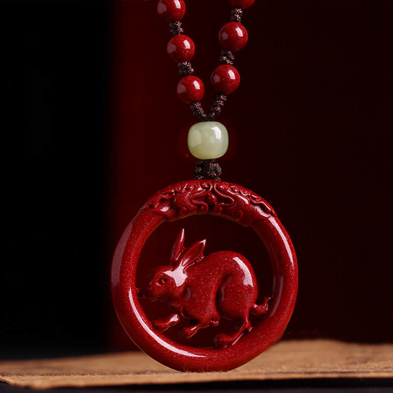 KarmaRipple's Chinese Zodiac Cinnabar Hetian Jade Peace Buckle Calm Pendant Necklace p46