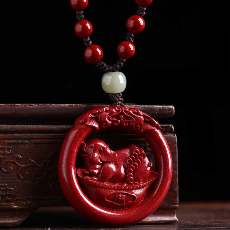 KarmaRipple's Chinese Zodiac Cinnabar Hetian Jade Peace Buckle Calm Pendant Necklace p60
