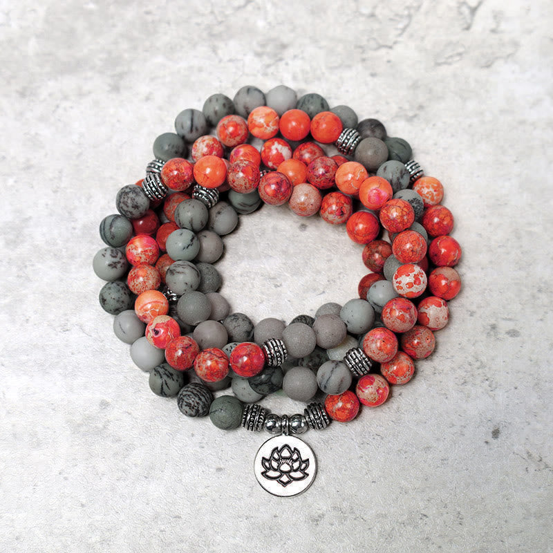 KarmaRipple's 108 Mala Beadwork Authentic Stone Sea Sediment Jasper Lotus Protection Bracelet p2