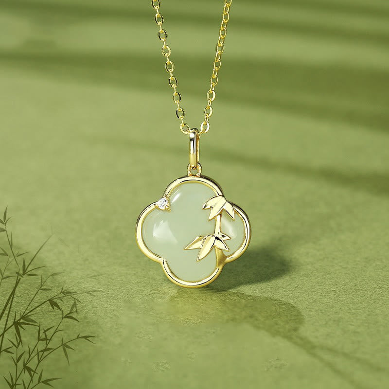 KarmaRipple's Hetian Jade 925 Sterling Silver Four Leaf Clover Bamboo Growth Pendant Necklace p1