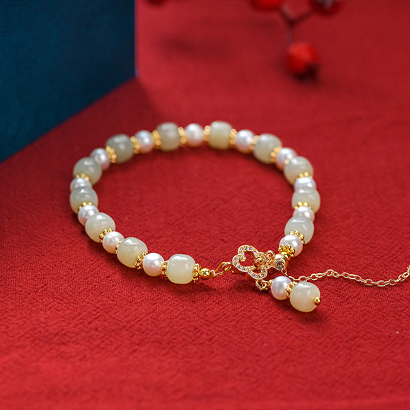 KarmaRipple's Hetian Jade Pearl Alloy Four Leaf Clover Pendent Abundance Bracelet p3
