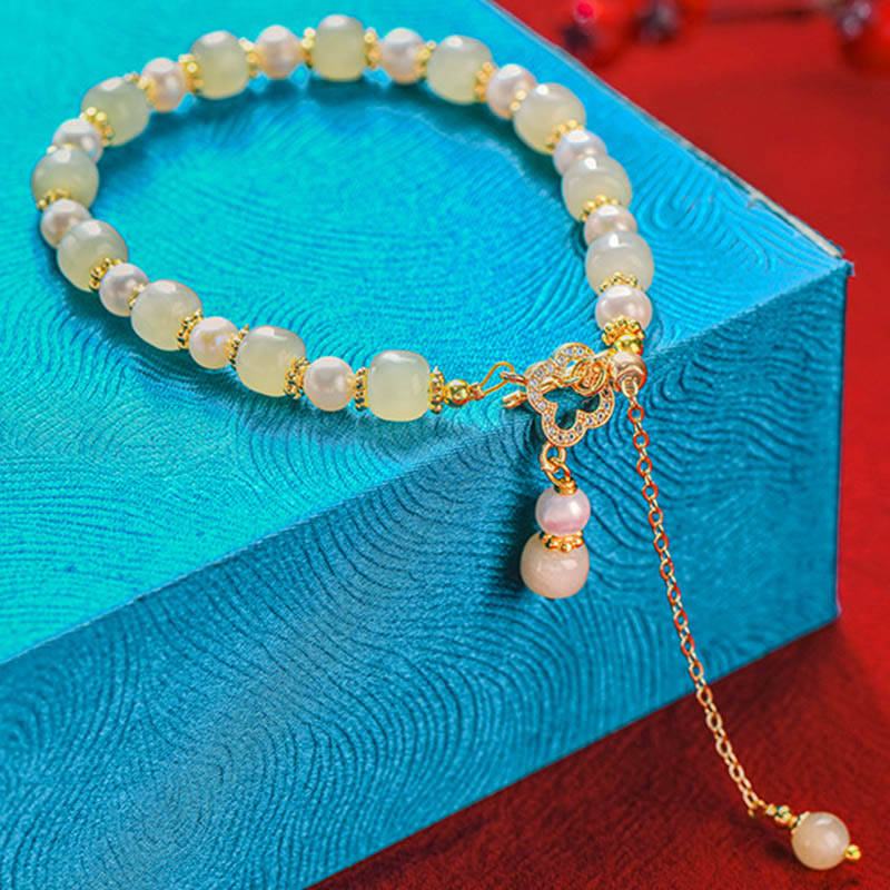 KarmaRipple's Hetian Jade Pearl Alloy Four Leaf Clover Pendent Abundance Bracelet p12