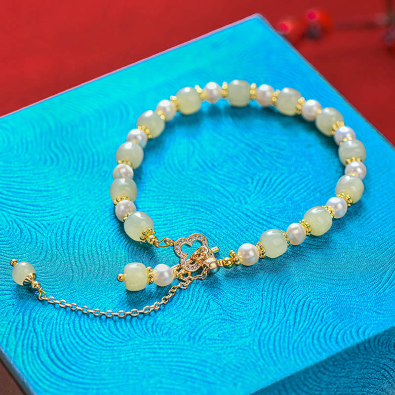 KarmaRipple's Hetian Jade Pearl Alloy Four Leaf Clover Pendent Abundance Bracelet p11