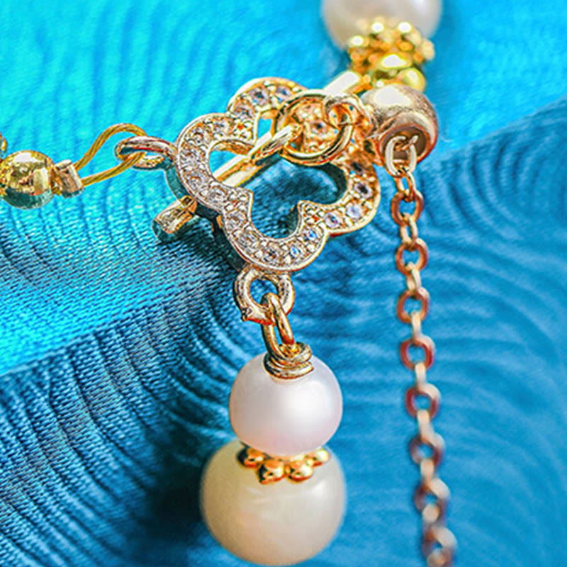 KarmaRipple's Hetian Jade Pearl Alloy Four Leaf Clover Pendent Abundance Bracelet p5