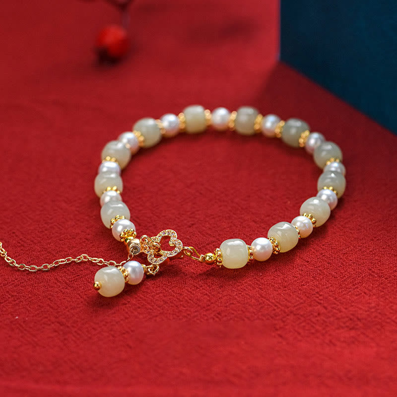 KarmaRipple's Hetian Jade Pearl Alloy Four Leaf Clover Pendent Abundance Bracelet p2
