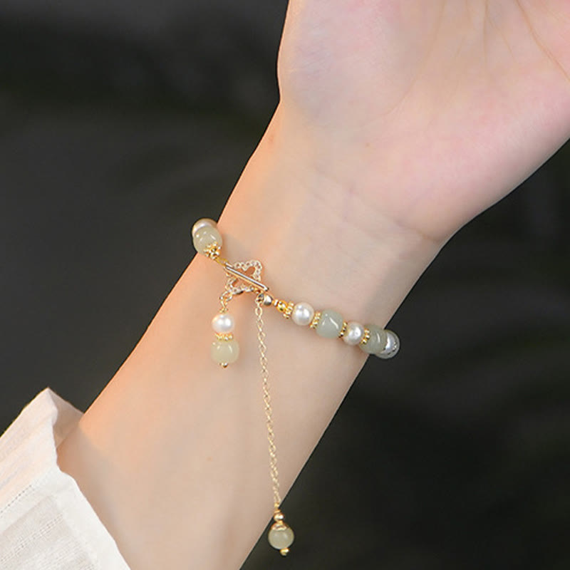 KarmaRipple's Hetian Jade Pearl Alloy Four Leaf Clover Pendent Abundance Bracelet p10
