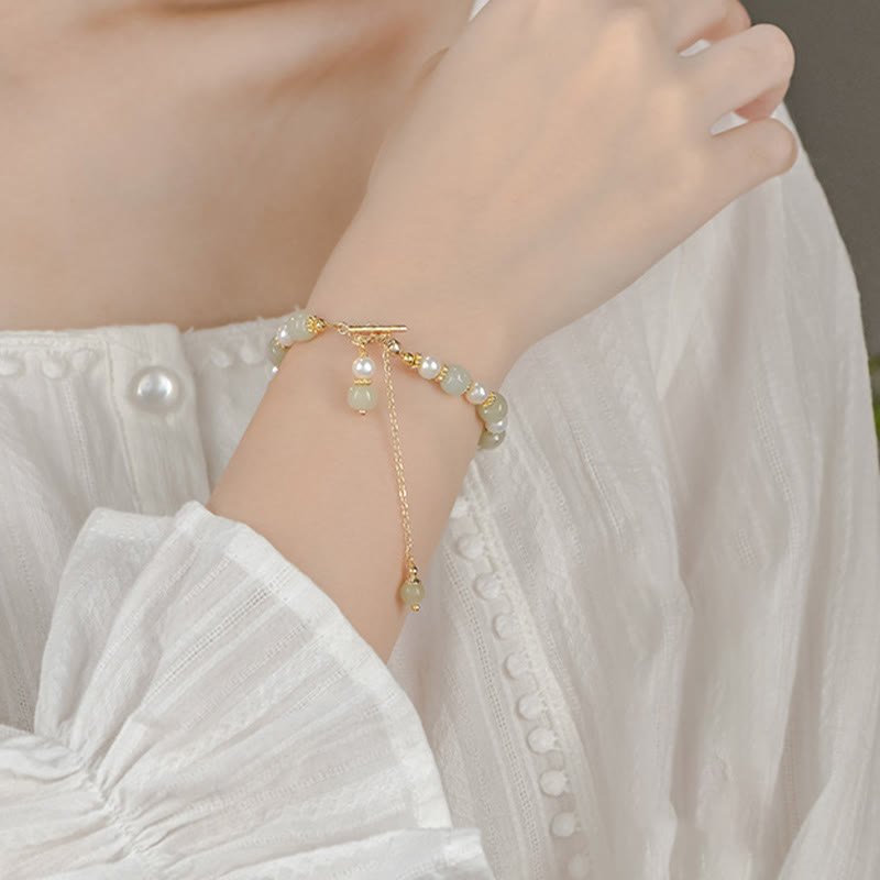 KarmaRipple's Hetian Jade Pearl Alloy Four Leaf Clover Pendent Abundance Bracelet p9