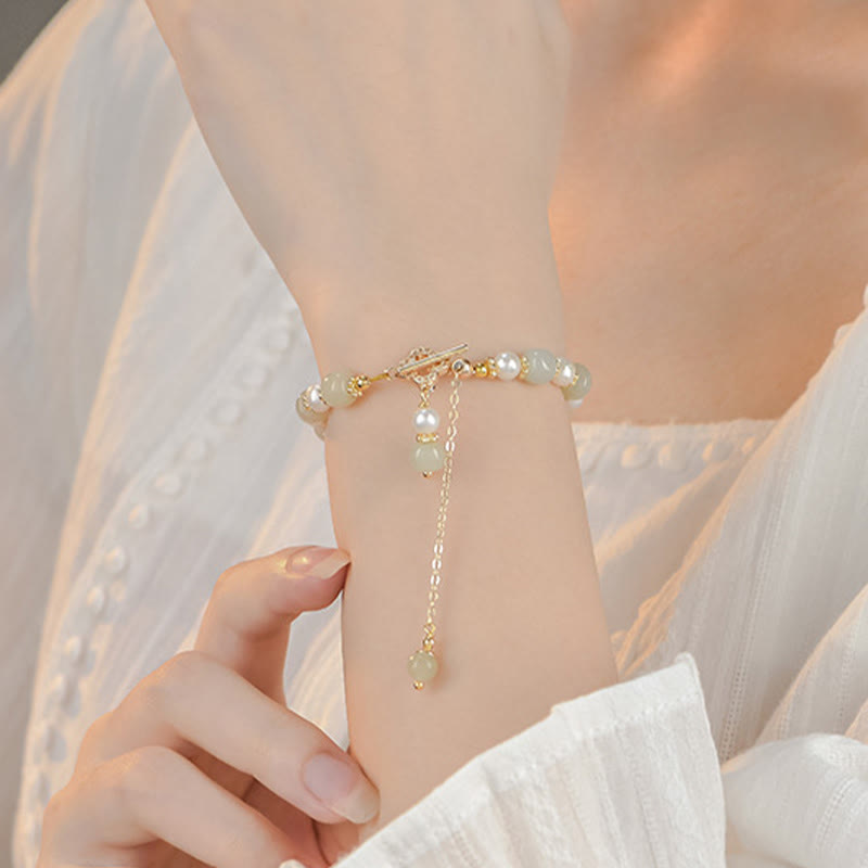 KarmaRipple's Hetian Jade Pearl Alloy Four Leaf Clover Pendent Abundance Bracelet p8