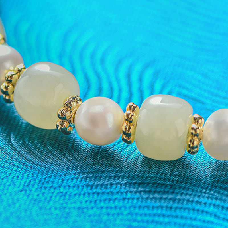 KarmaRipple's Hetian Jade Pearl Alloy Four Leaf Clover Pendent Abundance Bracelet p4
