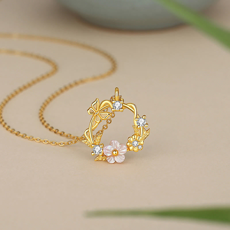 KarmaRipple's 925 Sterling Silver Cubic Zirconia Shell Butterfly Peach Blossom Blessing Pendant Necklace p1