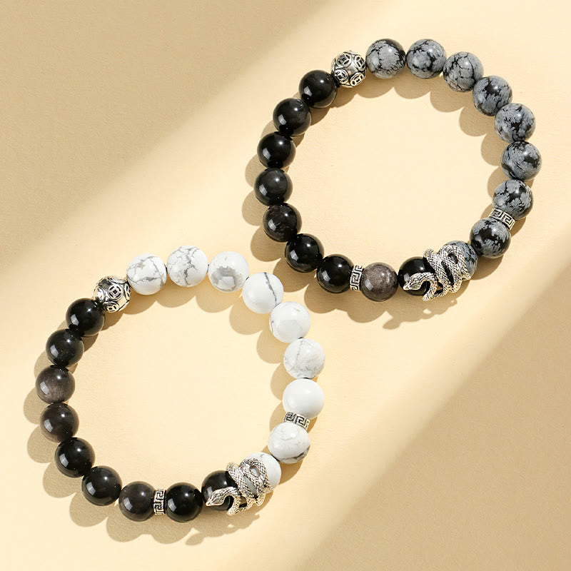 KarmaRipple's Authentic Silver Sheen Obsidian Ivory Turquoise Grey Jasper Snowflake Obsidian Year Of The Snake Protection Bracelet p8