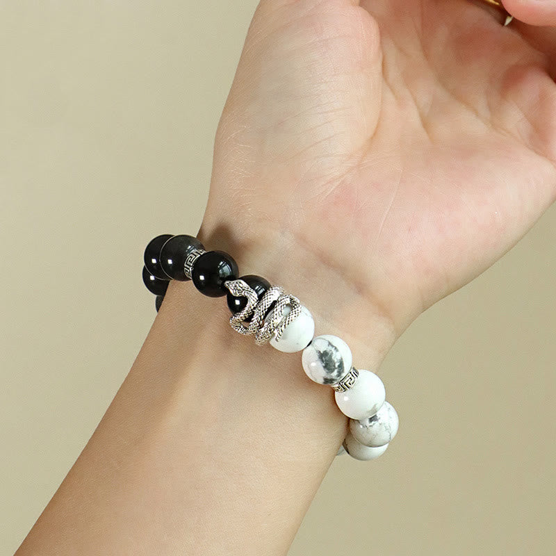 KarmaRipple's Authentic Silver Sheen Obsidian Ivory Turquoise Grey Jasper Snowflake Obsidian Year Of The Snake Protection Bracelet p5