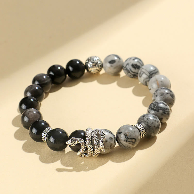 KarmaRipple's Authentic Silver Sheen Obsidian Ivory Turquoise Grey Jasper Snowflake Obsidian Year Of The Snake Protection Bracelet p18