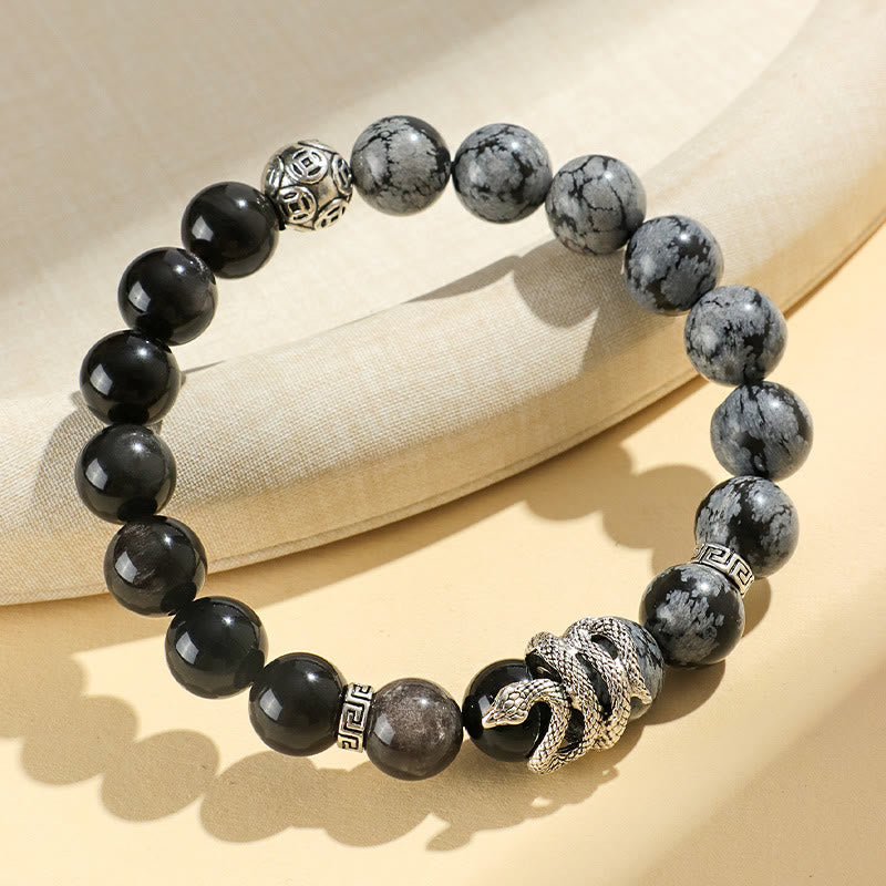 KarmaRipple's Authentic Silver Sheen Obsidian Ivory Turquoise Grey Jasper Snowflake Obsidian Year Of The Snake Protection Bracelet p15