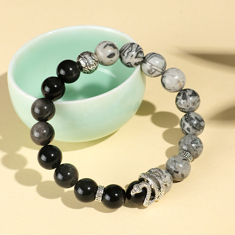 KarmaRipple's Authentic Silver Sheen Obsidian Ivory Turquoise Grey Jasper Snowflake Obsidian Year Of The Snake Protection Bracelet p11