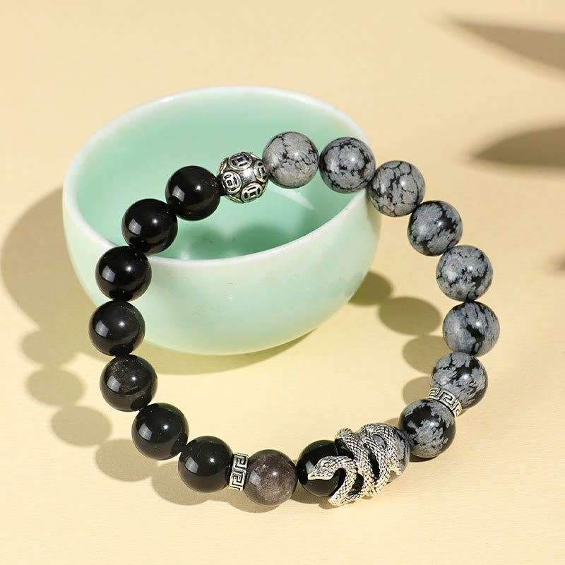KarmaRipple's Authentic Silver Sheen Obsidian Ivory Turquoise Grey Jasper Snowflake Obsidian Year Of The Snake Protection Bracelet p13