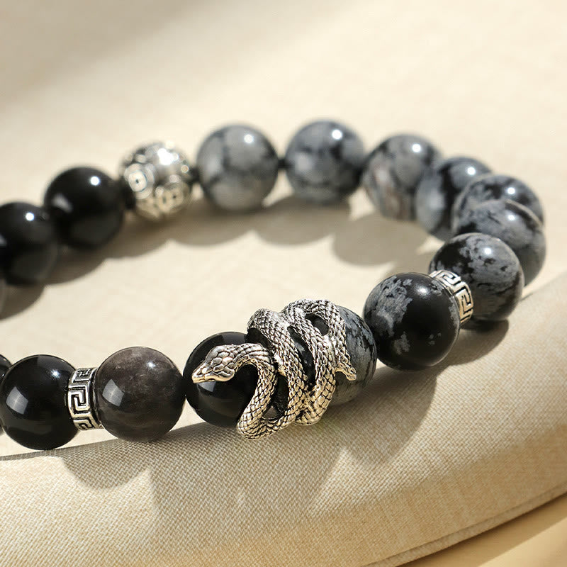 KarmaRipple's Authentic Silver Sheen Obsidian Ivory Turquoise Grey Jasper Snowflake Obsidian Year Of The Snake Protection Bracelet p14