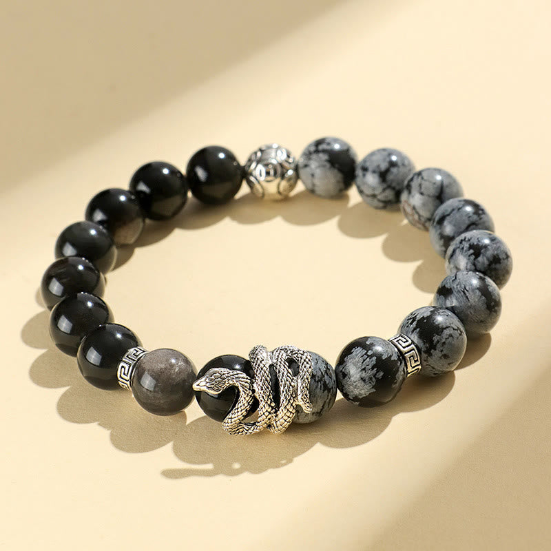 KarmaRipple's Authentic Silver Sheen Obsidian Ivory Turquoise Grey Jasper Snowflake Obsidian Year Of The Snake Protection Bracelet p19