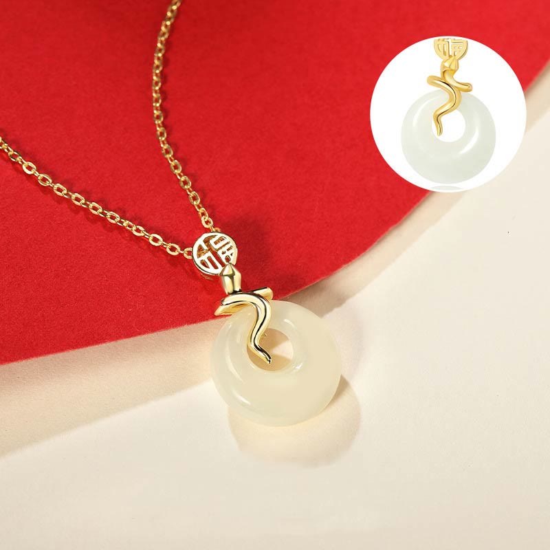 KarmaRipple's 925 Sterling Silver Hetian Jade Year Of The Snake Peace Buckle Fu Character Blessing Pendant Necklace p2