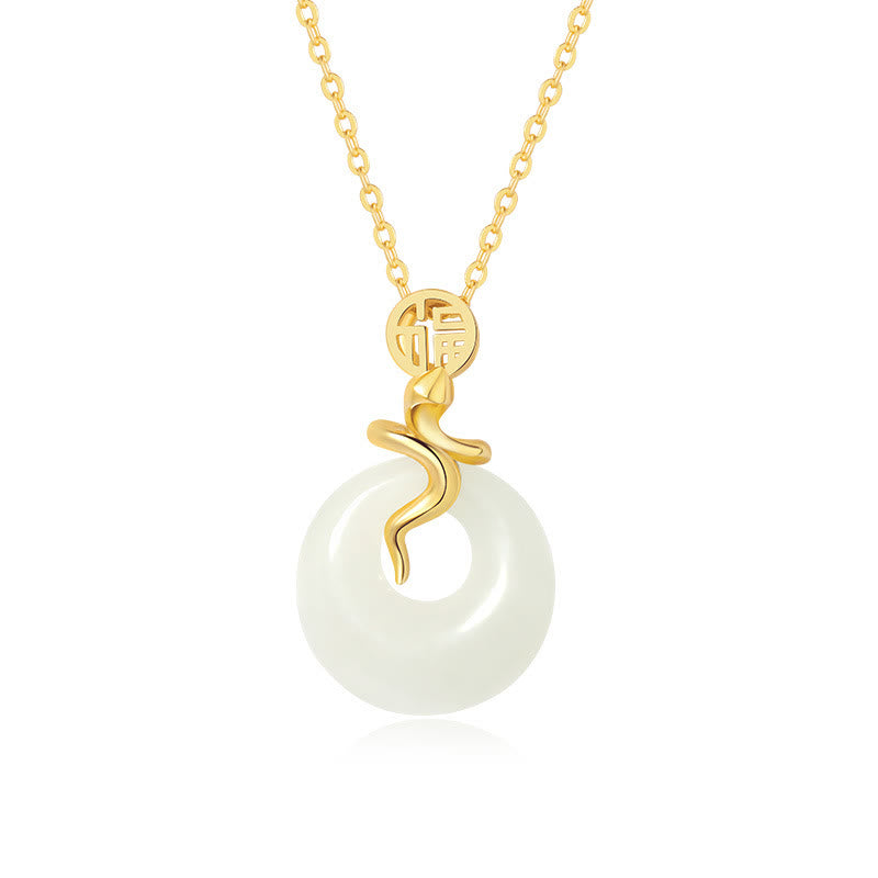 KarmaRipple's 925 Sterling Silver Hetian Jade Year Of The Snake Peace Buckle Fu Character Blessing Pendant Necklace p3