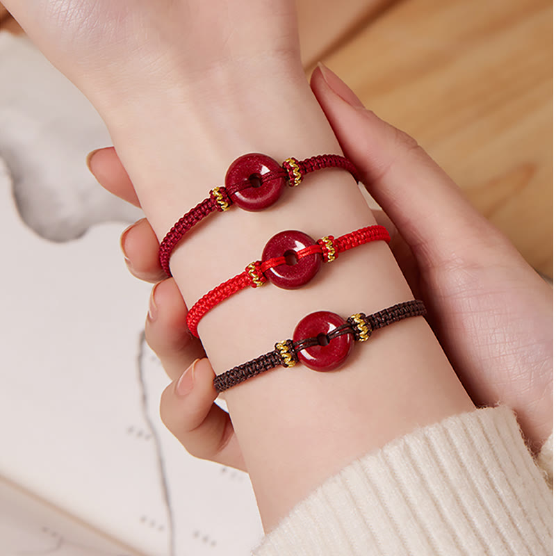 KarmaRipple's Handmade Cinnabar Round Peace Buckle Concentration Woven Bracelet p16