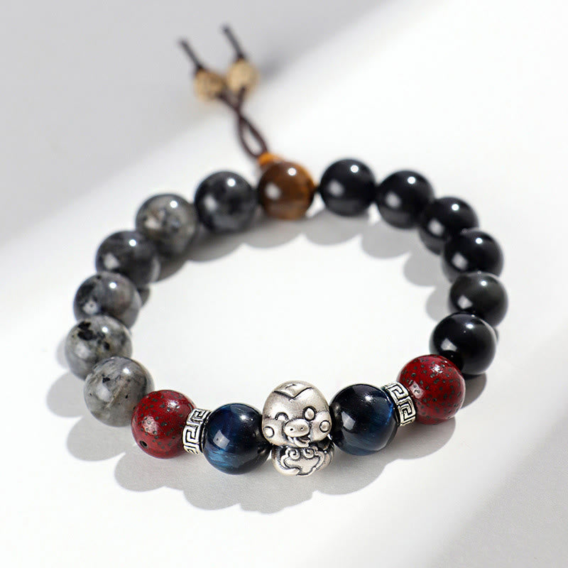KarmaRipple's Black Glitter Stone Black Onyx 999 Sterling Silver Fu Character Bronze Coin Year Of Snake Protection Bracelet p2