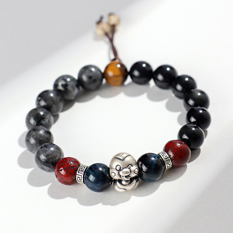 KarmaRipple's Black Glitter Stone Black Onyx 999 Sterling Silver Fu Character Bronze Coin Year Of Snake Protection Bracelet p3