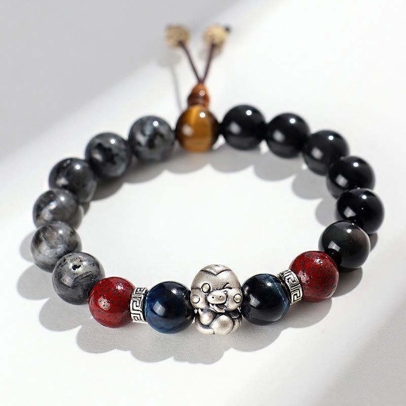 KarmaRipple's Black Glitter Stone Black Onyx 999 Sterling Silver Fu Character Bronze Coin Year Of Snake Protection Bracelet p5