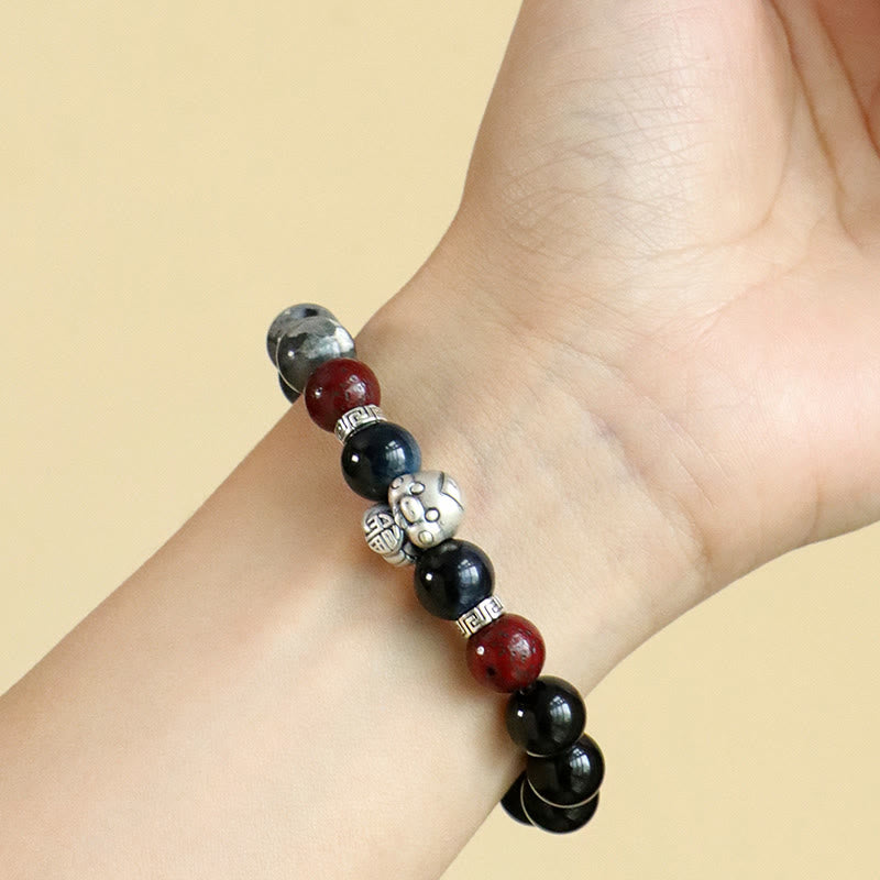 KarmaRipple's Black Glitter Stone Black Onyx 999 Sterling Silver Fu Character Bronze Coin Year Of Snake Protection Bracelet p7