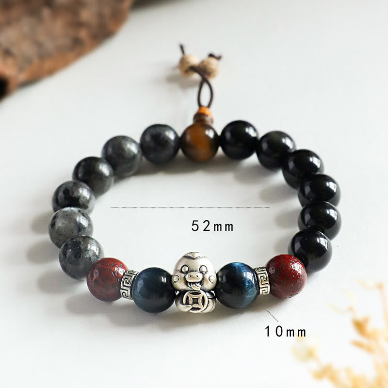 KarmaRipple's Black Glitter Stone Black Onyx 999 Sterling Silver Fu Character Bronze Coin Year Of Snake Protection Bracelet p16