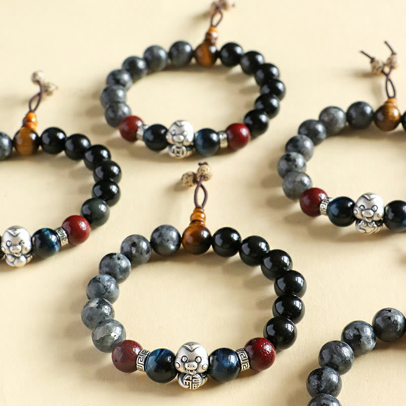 KarmaRipple's Black Glitter Stone Black Onyx 999 Sterling Silver Fu Character Bronze Coin Year Of Snake Protection Bracelet p8