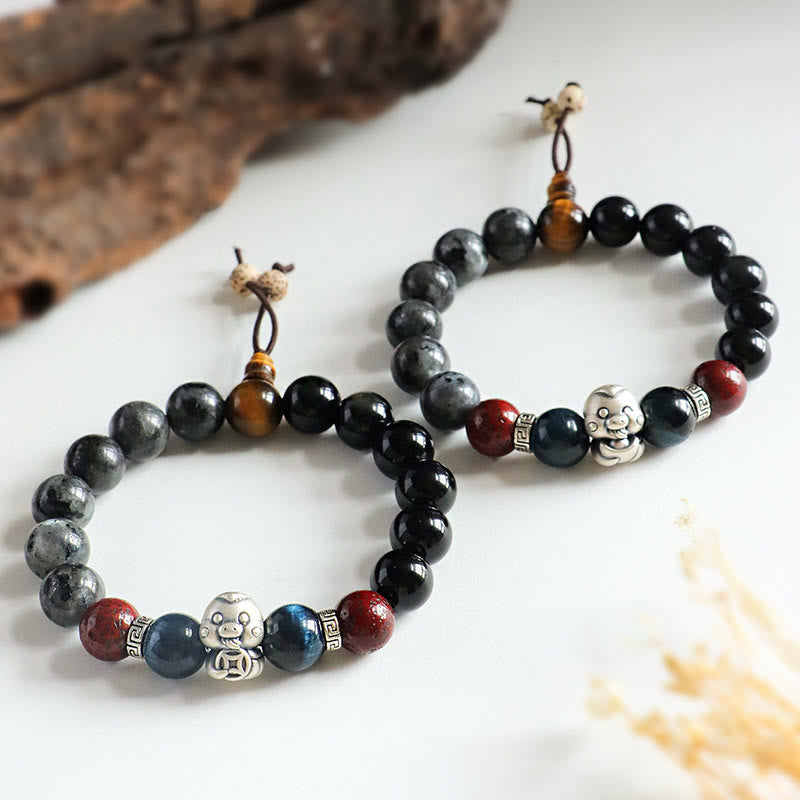 KarmaRipple's Black Glitter Stone Black Onyx 999 Sterling Silver Fu Character Bronze Coin Year Of Snake Protection Bracelet p17